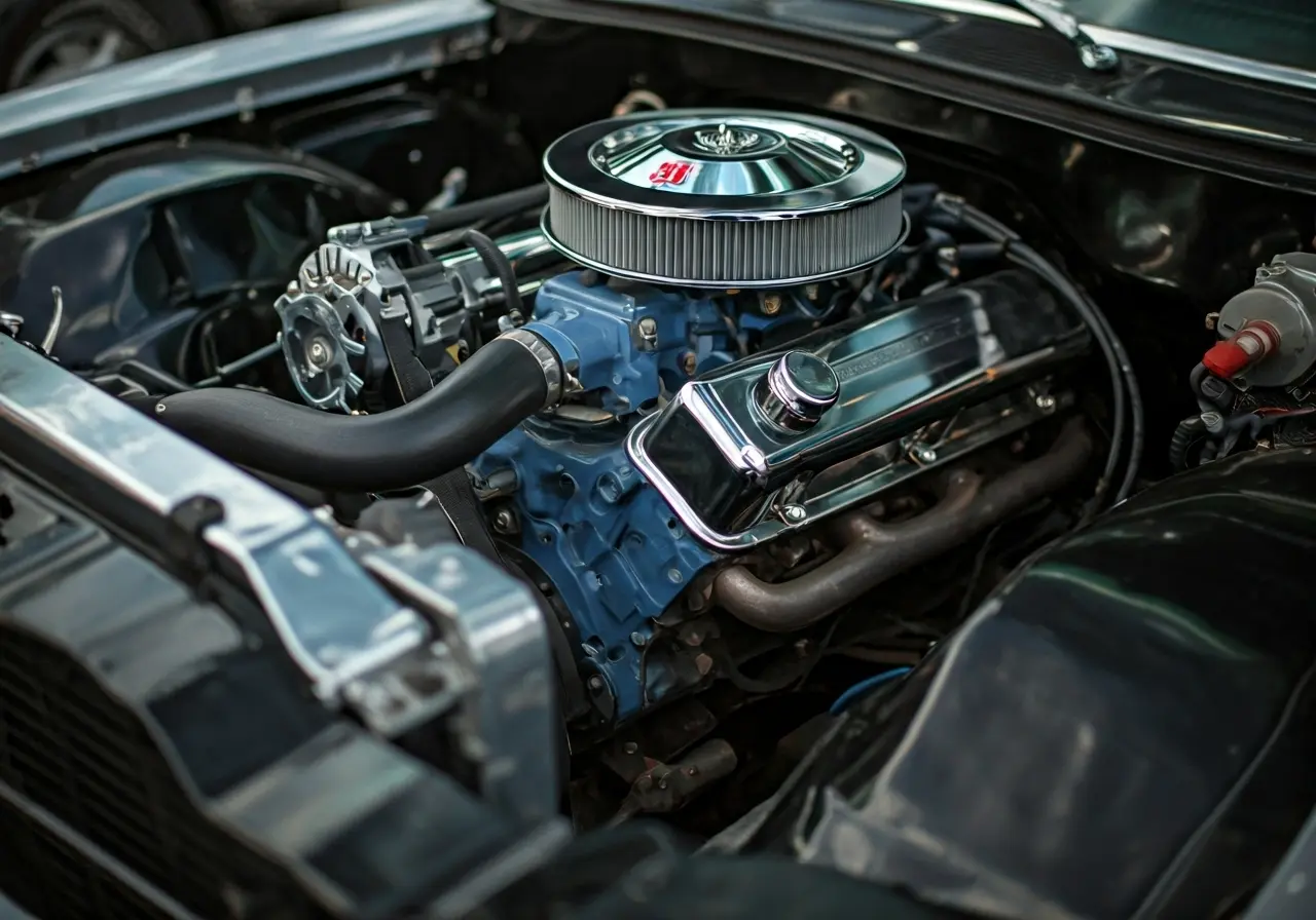 A clean, shiny car engine under bright lighting. 35mm stock photo