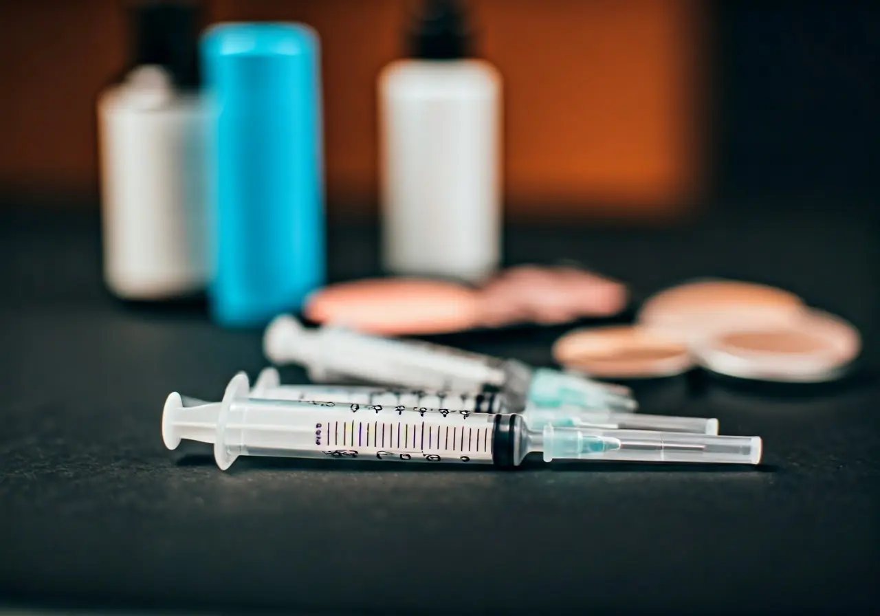 A close-up of syringes and cosmetic products on a table. 35mm stock photo