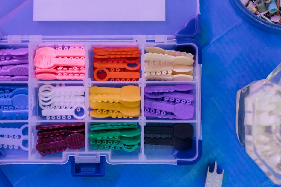 Close-up view of colorful orthodontic elastics arranged in a dental equipment box.