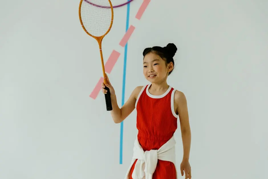 Smiling young girl playing badminton indoors, showcasing athletic joy.