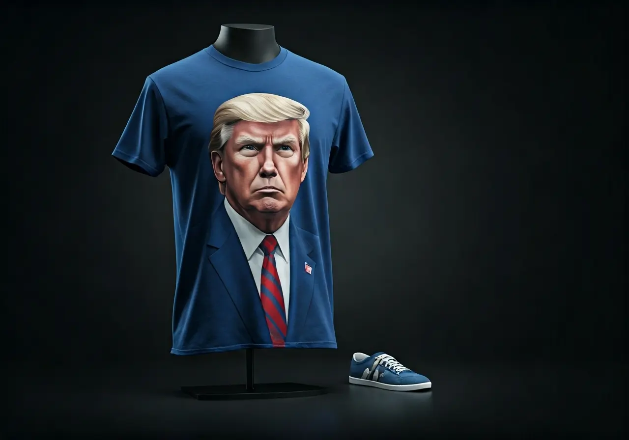 A stylish Trump-themed T-shirt on a minimalist display stand. 35mm stock photo