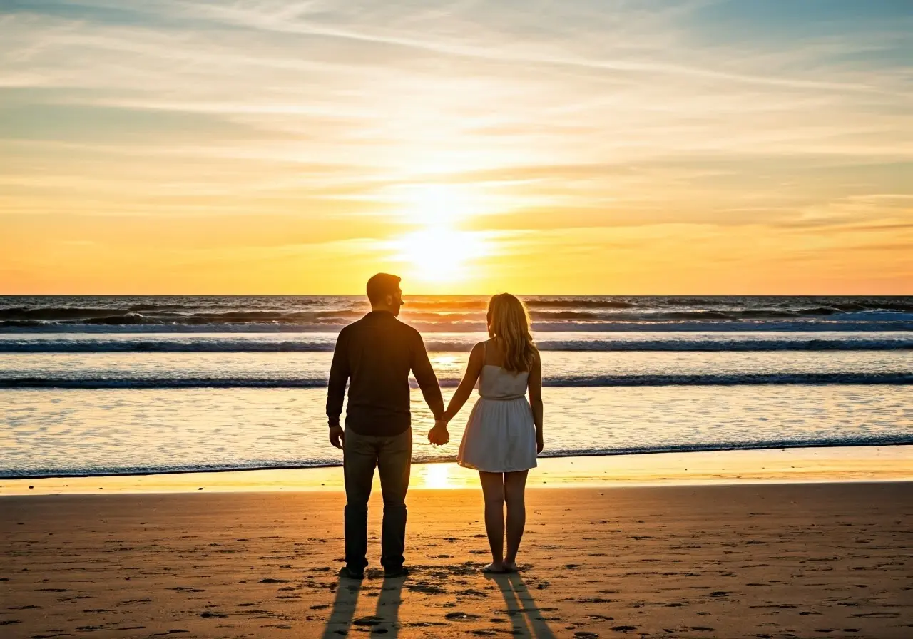 A couple holding hands on a scenic sunset beach. 35mm stock photo
