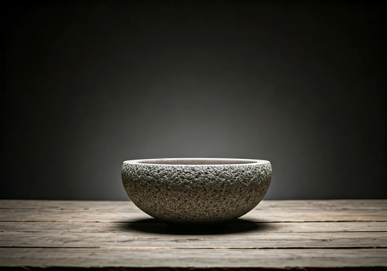 A minimalist stone bowl on a rustic wooden table. 35mm stock photo