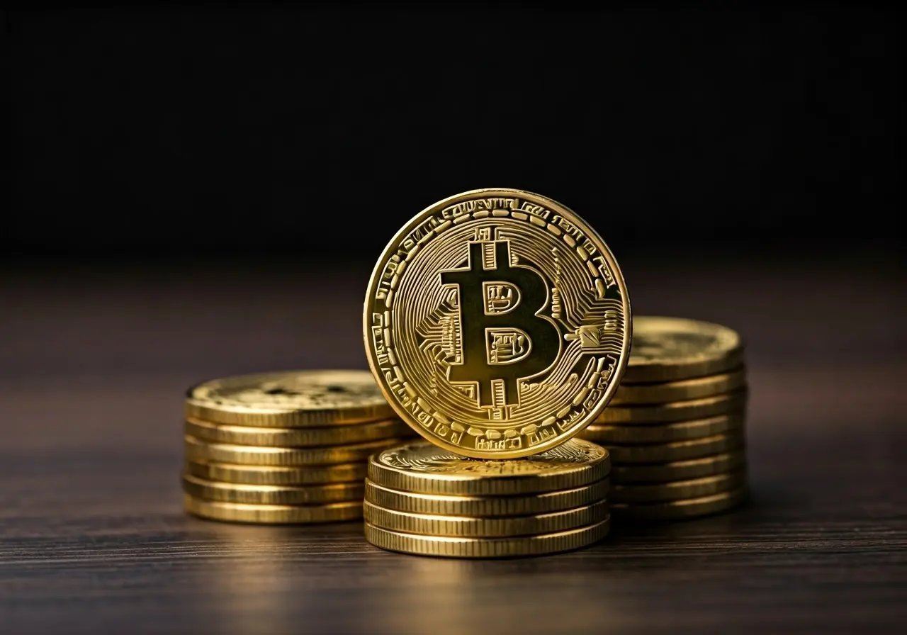 A stack of golden bitcoins with Michigan map background. 35mm stock photo