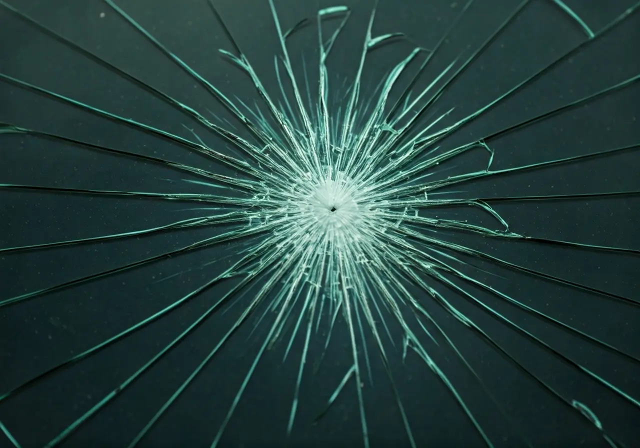 A close-up of a cracked safety glass windshield. 35mm stock photo