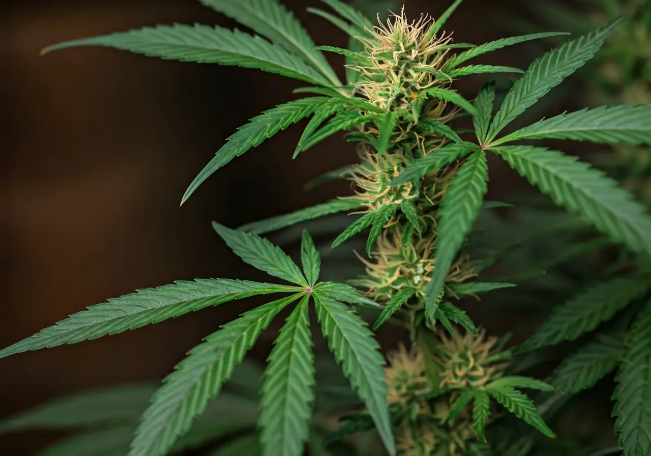 Close-up of a cannabis plant with a drip irrigation system. 35mm stock photo