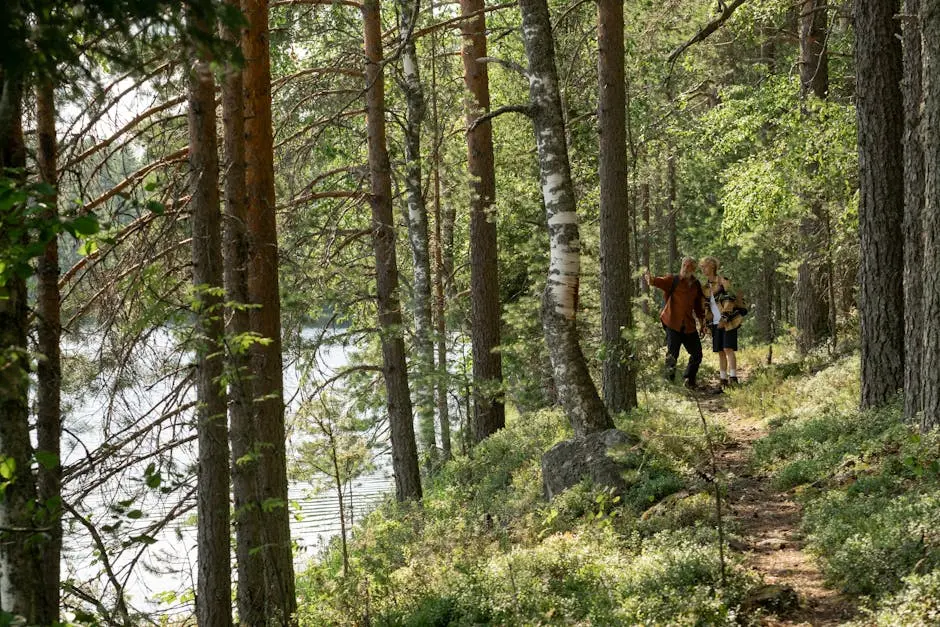 A grandfather and grandson walking through a lush forest along a riverside trail during summer.