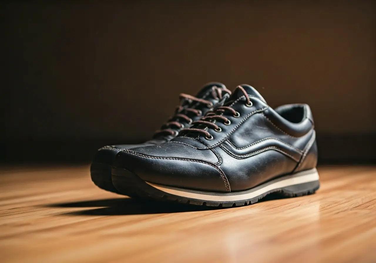 A close-up of comfortable orthopedic shoes on a wooden floor. 35mm stock photo