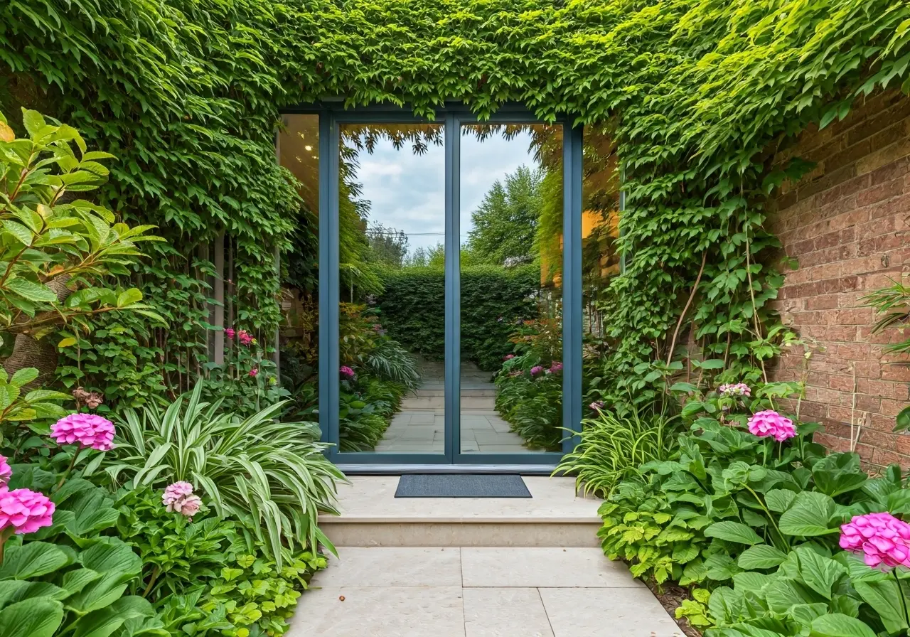 A modern glass egress door surrounded by vibrant garden plants. 35mm stock photo
