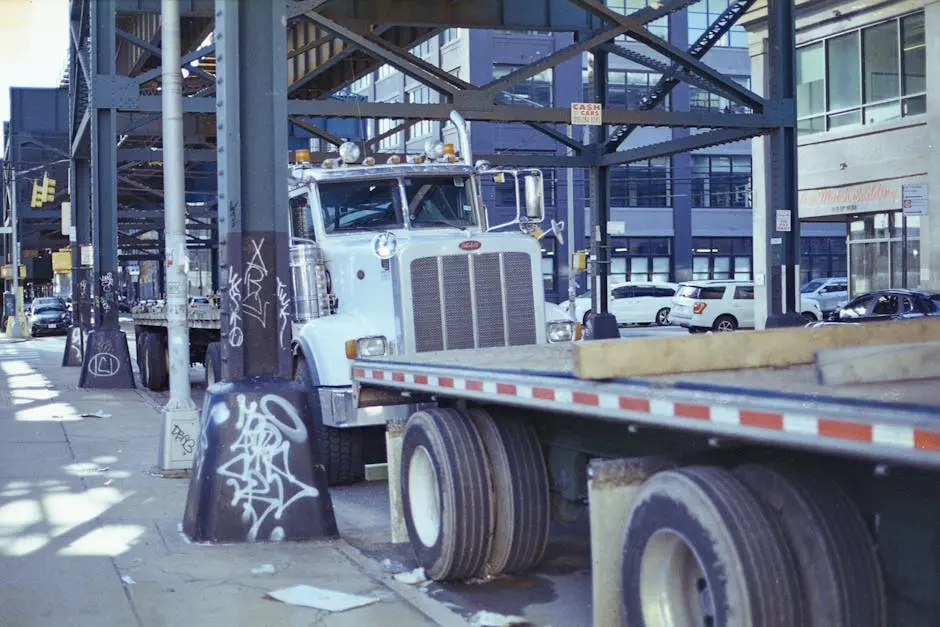 White truck parked under an industrial overpass in New York City, showcasing urban transportation.