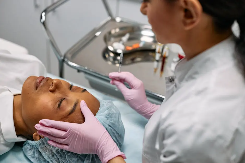 Professional administering skincare treatment with syringe indoors.