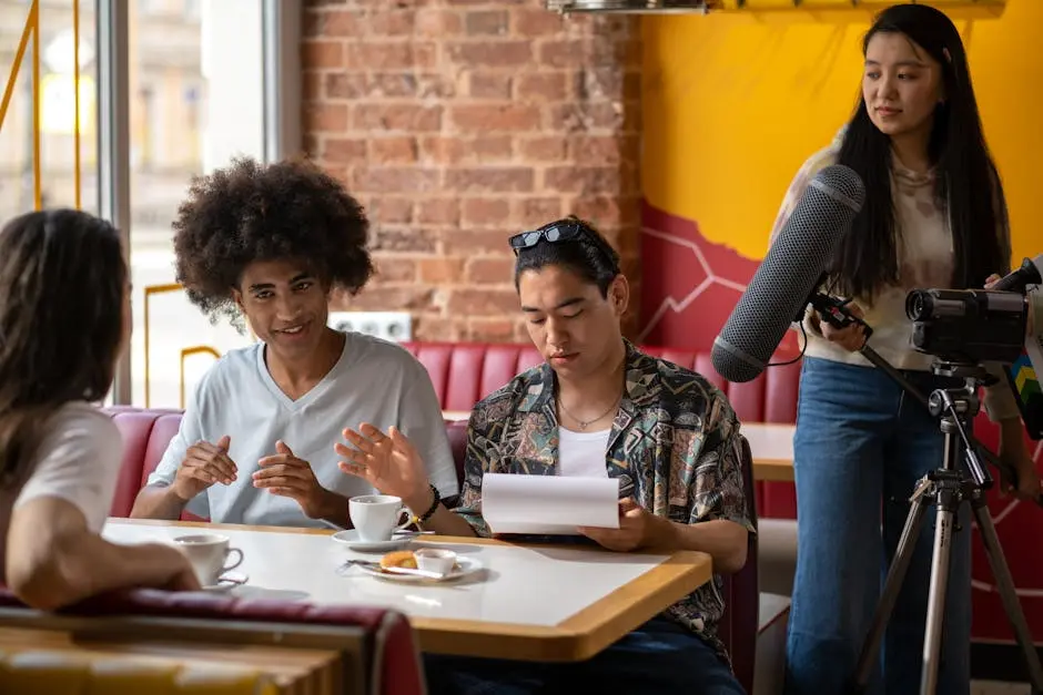 A diverse group of filmmakers working indoors in a cafe setting, capturing a scene with a camera and microphone.