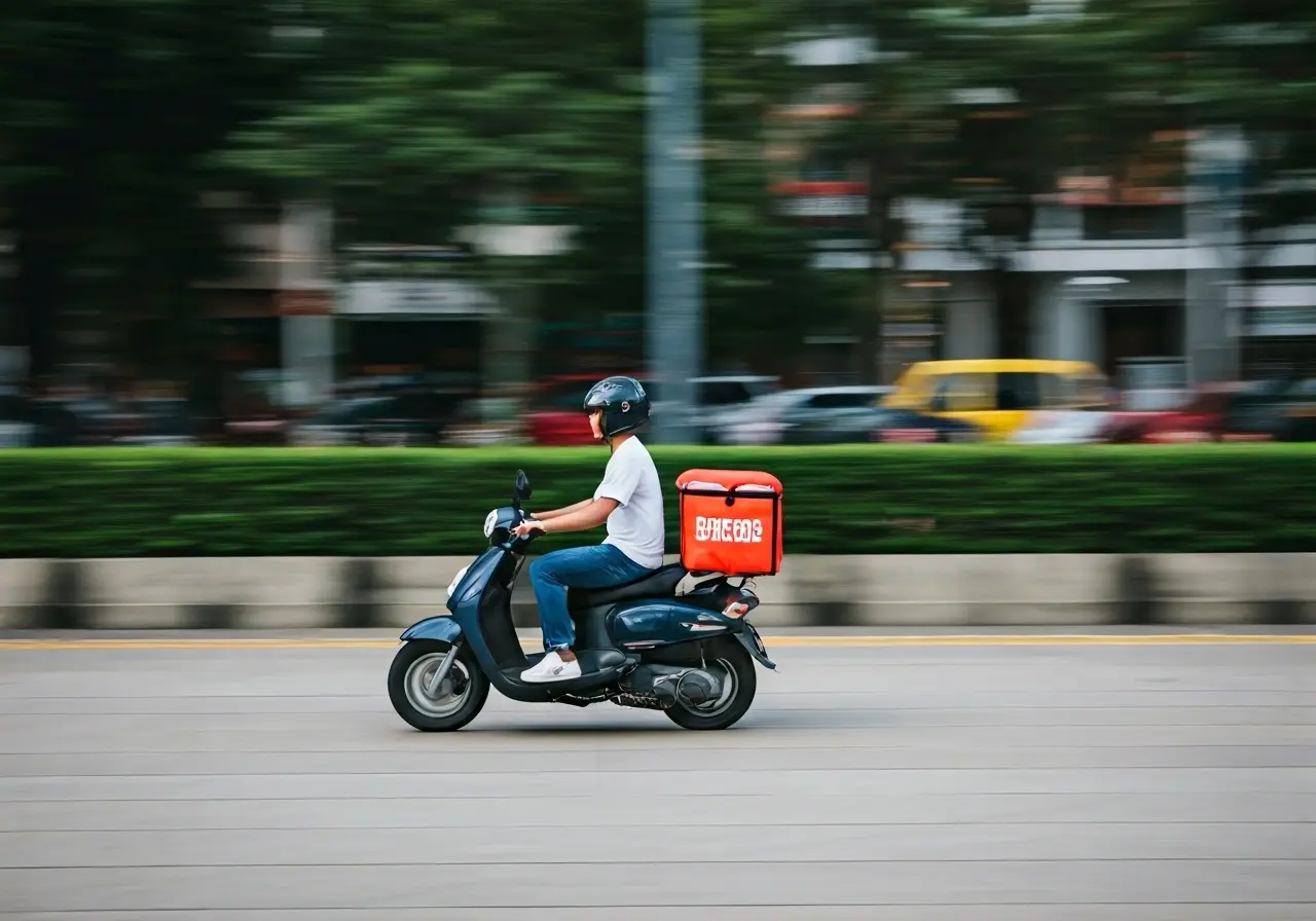 A delivery scooter rides through a busy Singapore street. 35mm stock photo