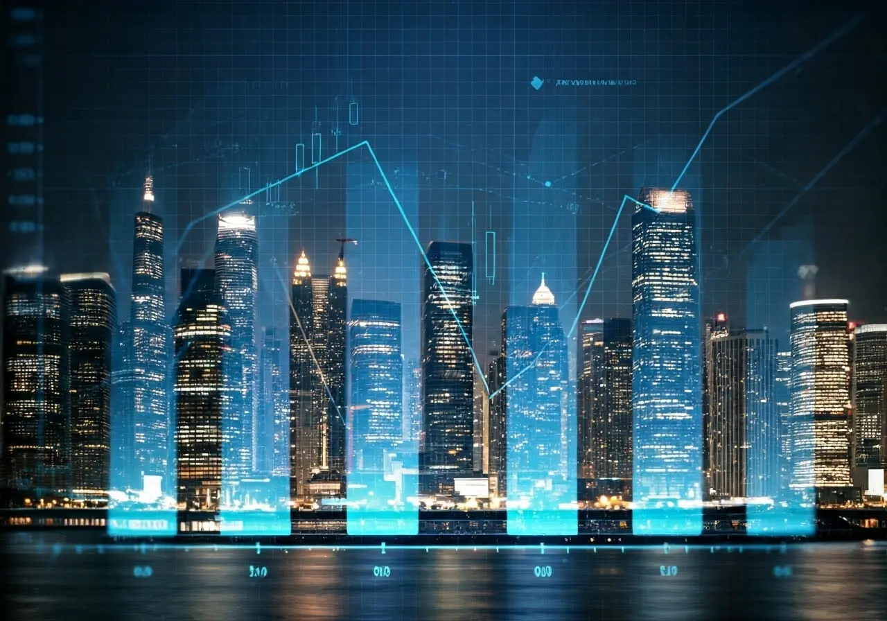 City skyline with futuristic digital financial graphs overlay. 35mm stock photo