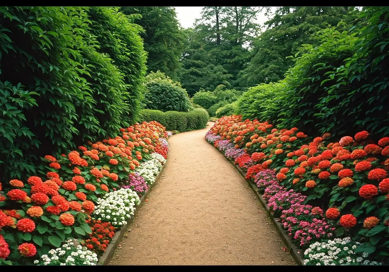 A serene garden pathway lined with colorful, blooming flowers. 35mm stock photo