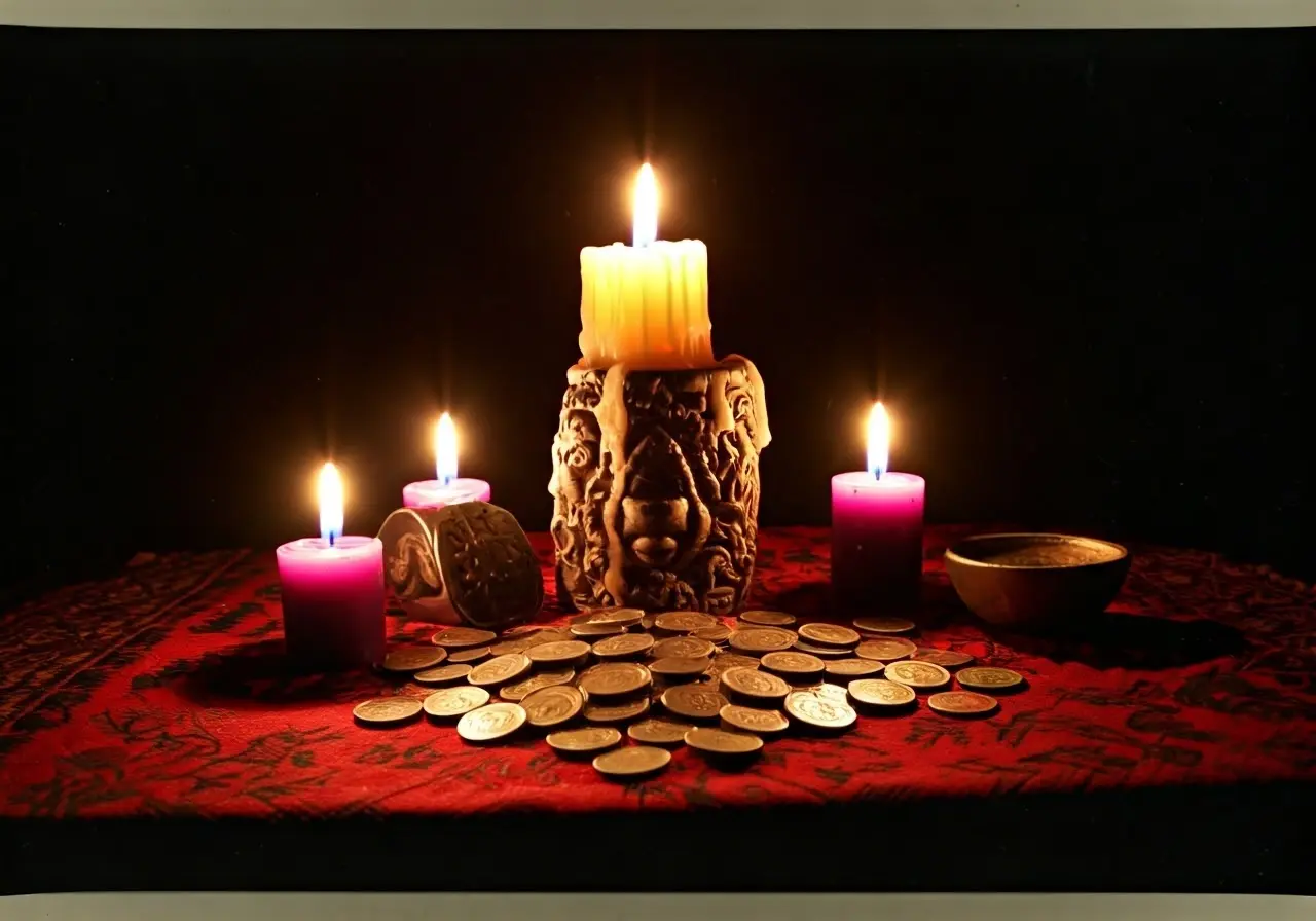 A mystical altar with candles and coins under moonlight. 35mm stock photo