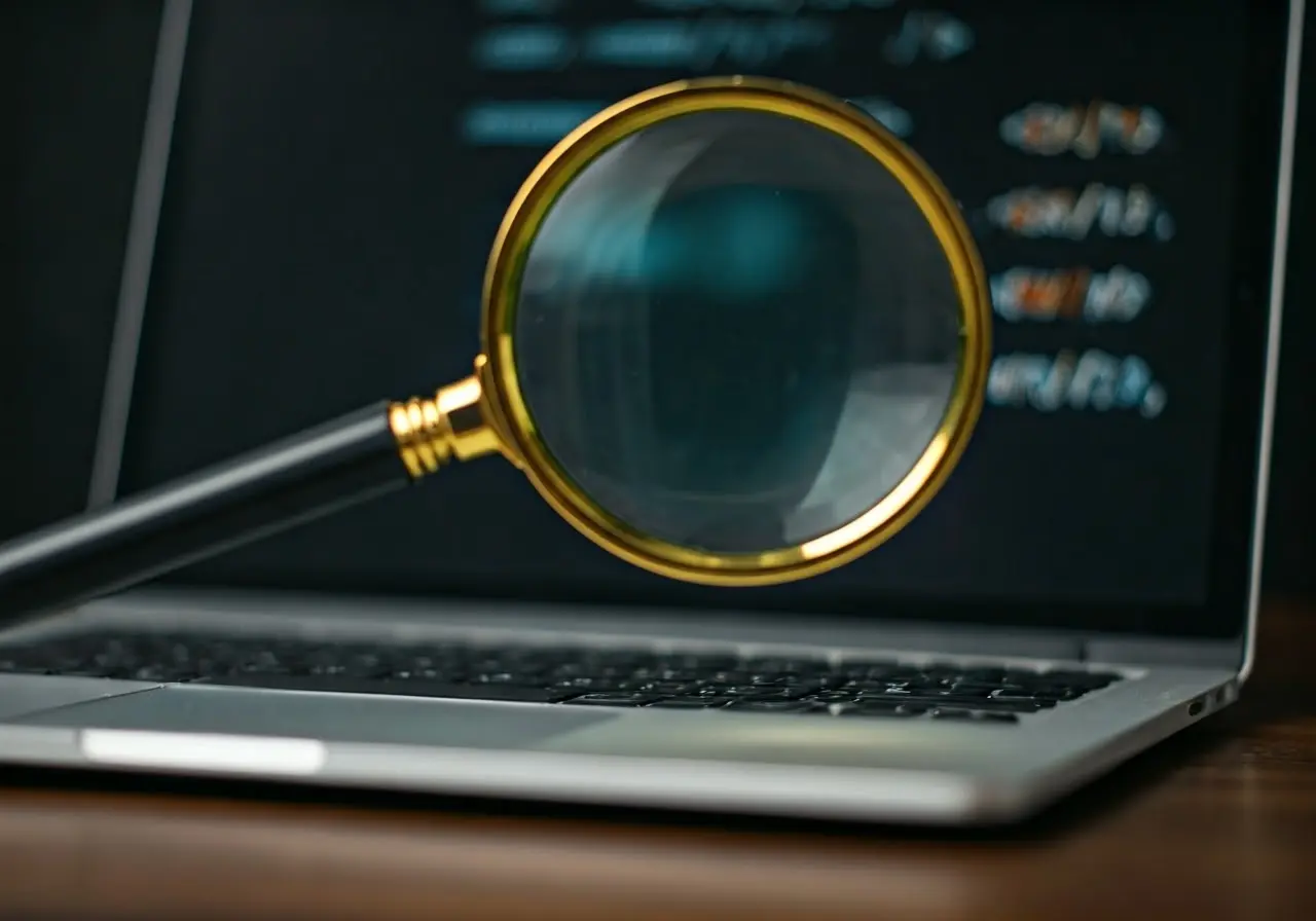 A magnifying glass hovering over a laptop with coding symbols. 35mm stock photo