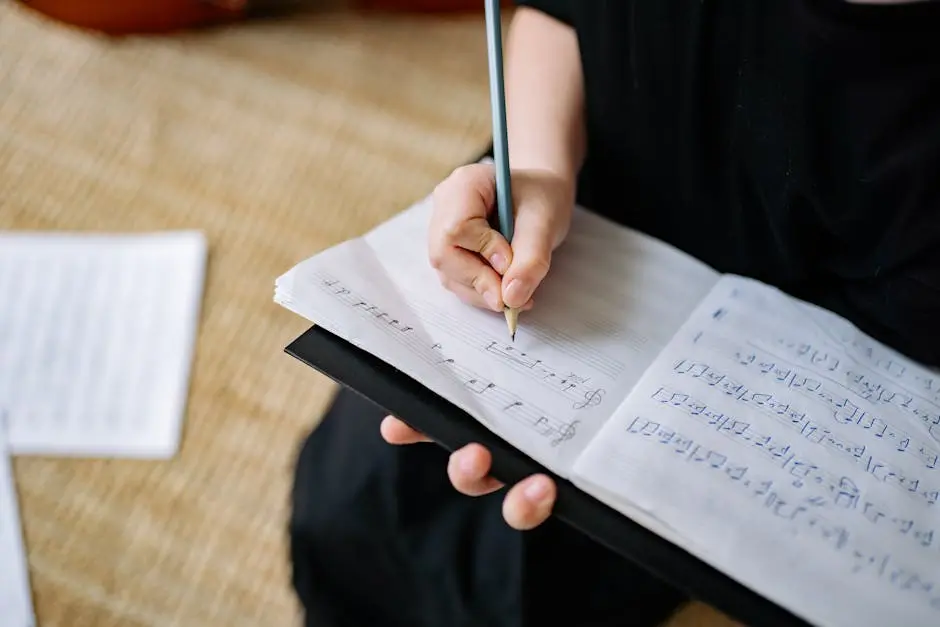 A close-up of a hand writing musical notes in a notebook with a pencil, captured indoors.