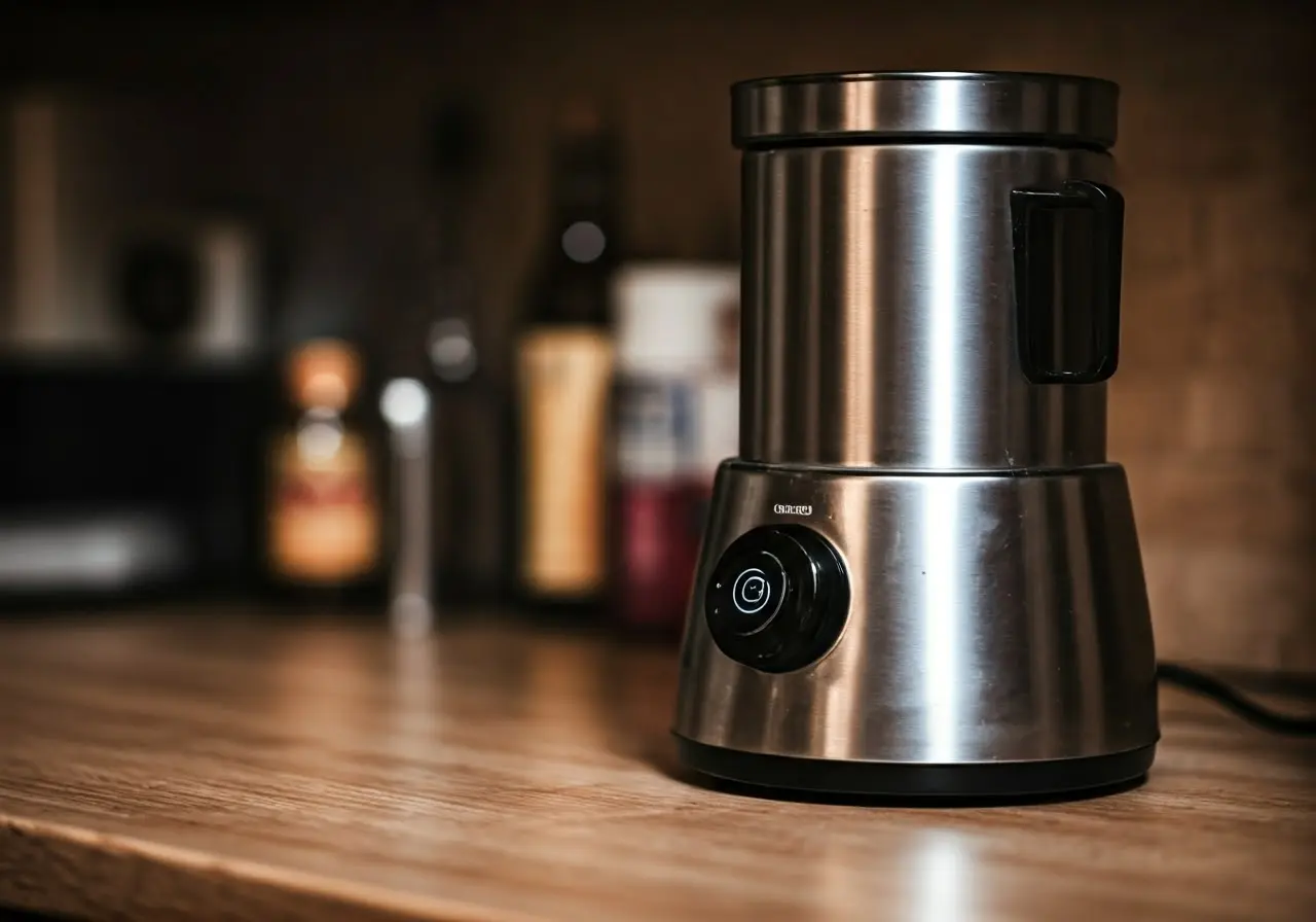 A modern milk warmer on a kitchen countertop, softly lit. 35mm stock photo