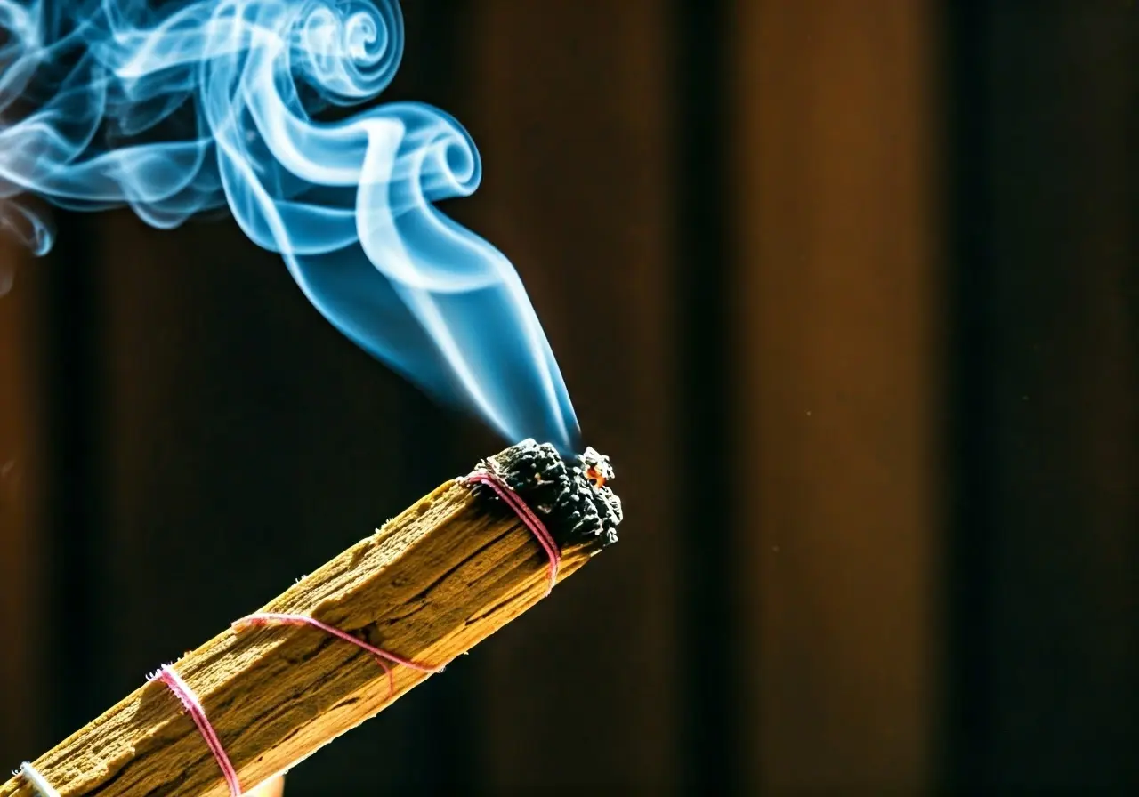 A lit smudge stick gently smolders with smoke in soft light. 35mm stock photo