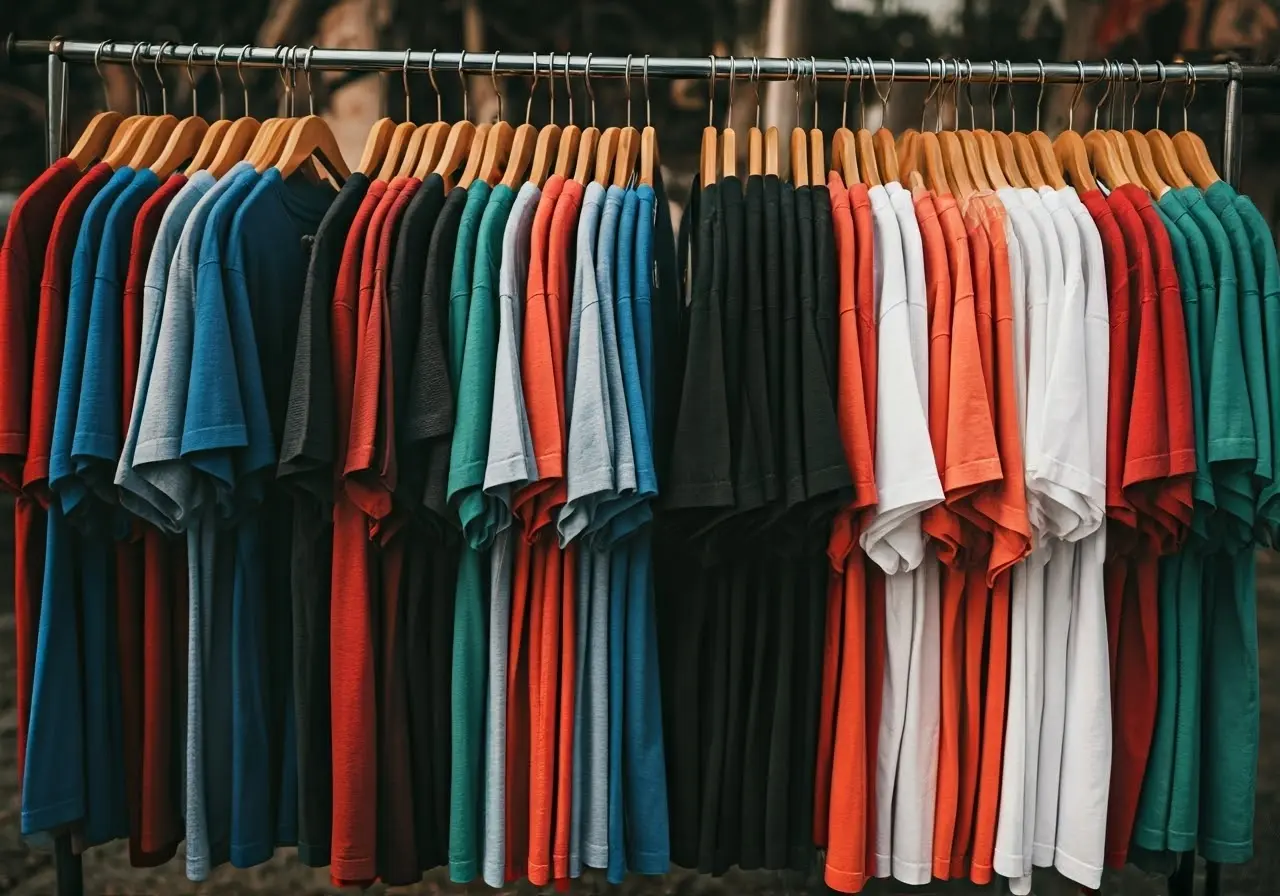 Colorful Christian-themed t-shirts hanging neatly on a clothing rack. 35mm stock photo