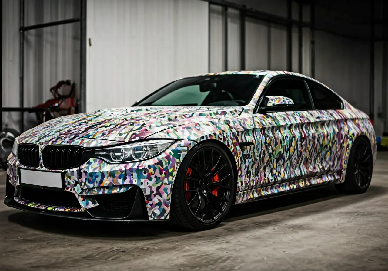 A car partially covered with colorful vinyl wrap materials. 35mm stock photo