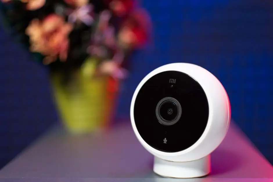 Close-up shot of a modern circular security camera with blurred background.
