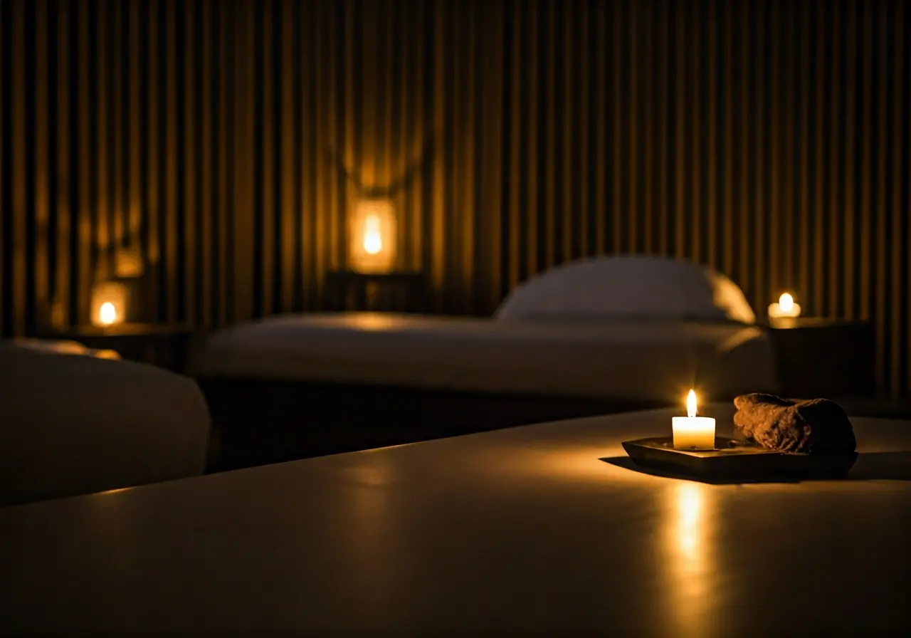 A serene spa setting with soft lighting and elegant decor. 35mm stock photo