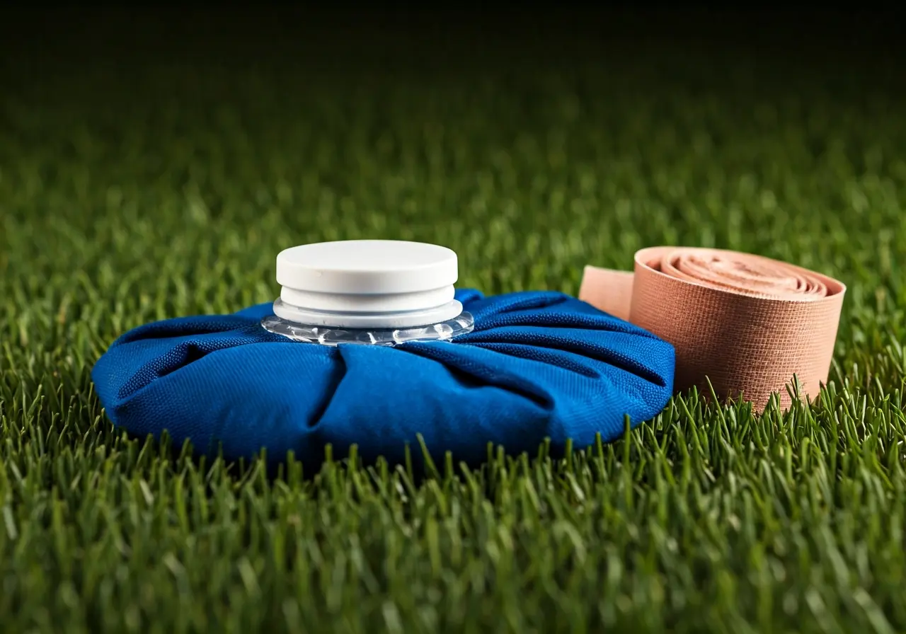 A close-up of ice packs and sports tape on grass. 35mm stock photo