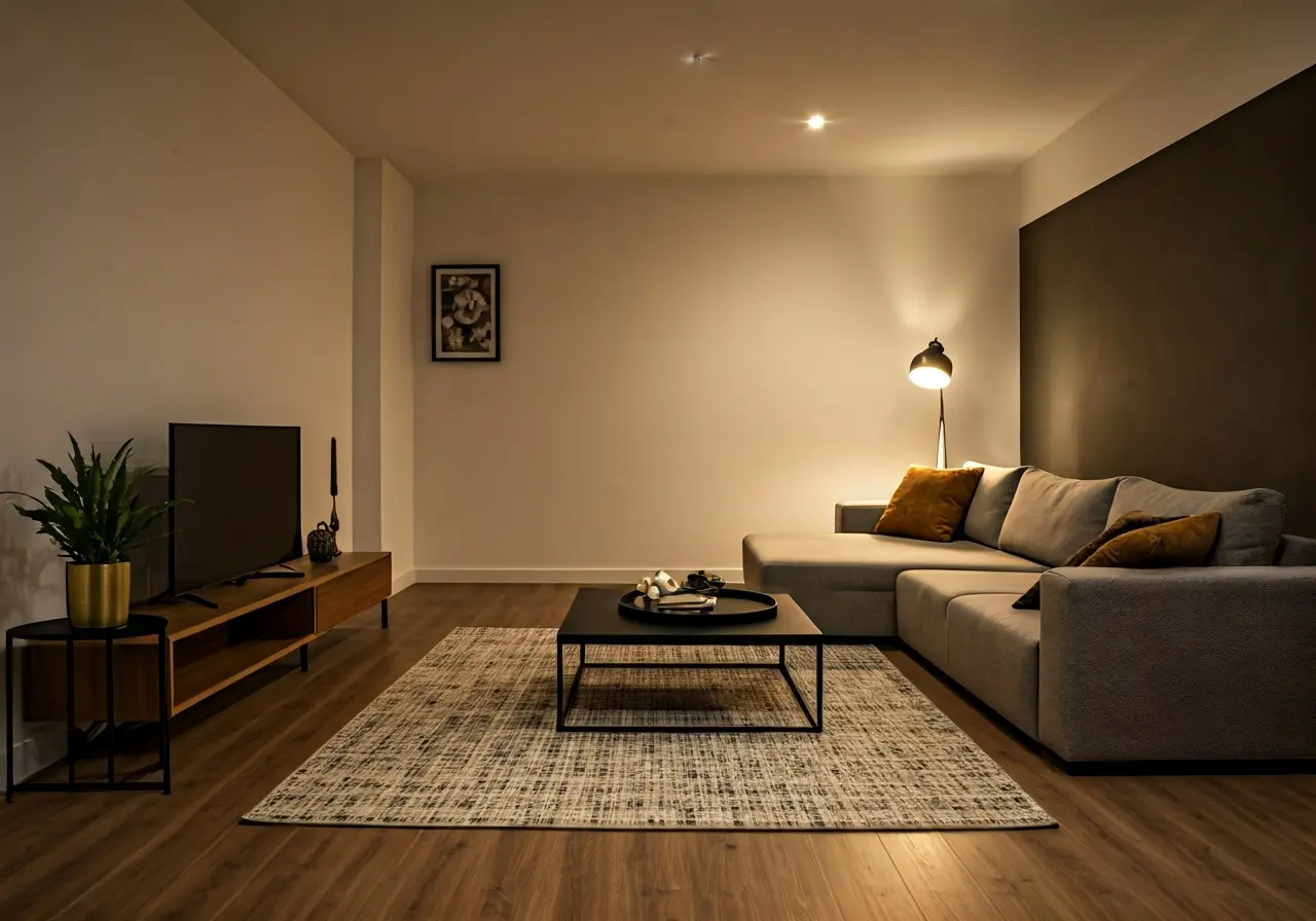 A modern living room illuminated by stylish automated lighting. 35mm stock photo