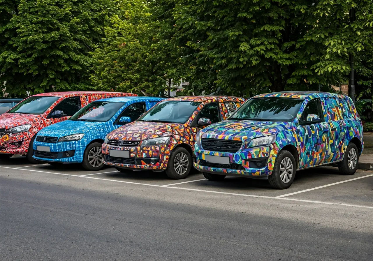 A colorful fleet of wrapped vehicles parked on a street. 35mm stock photo