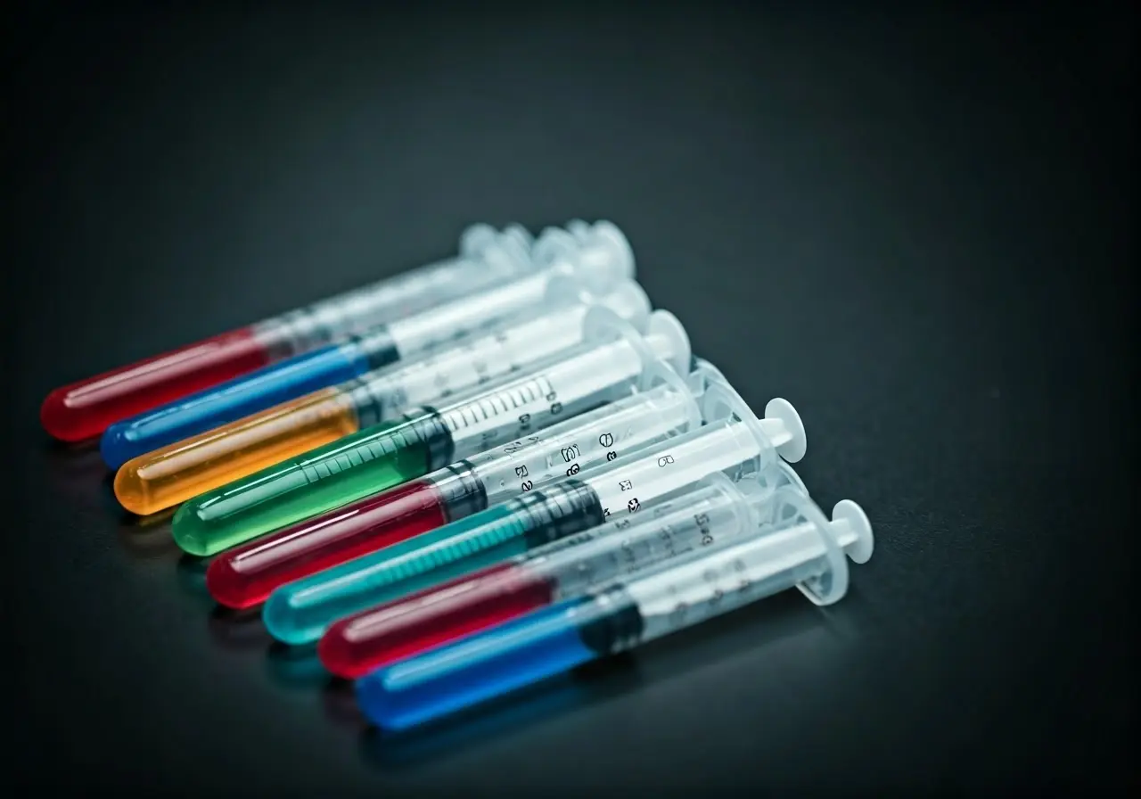 A set of neatly organized syringes with colorful liquids. 35mm stock photo