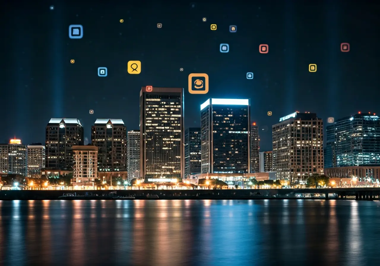 Skyline of Richmond, VA with digital app icons overlay. 35mm stock photo