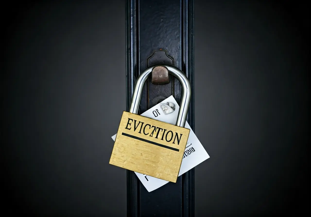A padlocked door with an eviction notice attached. 35mm stock photo