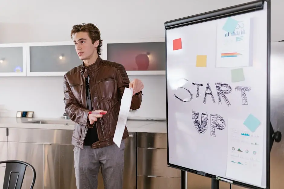 A young entrepreneur gives a presentation on startup strategies indoors with a flip chart, career change.