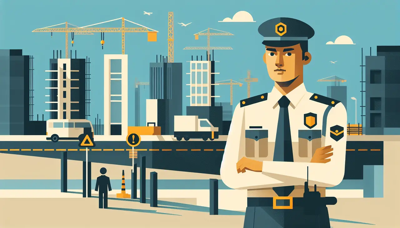 Draw a graphic in flat design style. A security guard in a uniform, standing vigilantly at the entrance of a construction site with a safety helmet and walkie-talkie, against a backdrop of cranes and partially-built structures, in flat design style.
