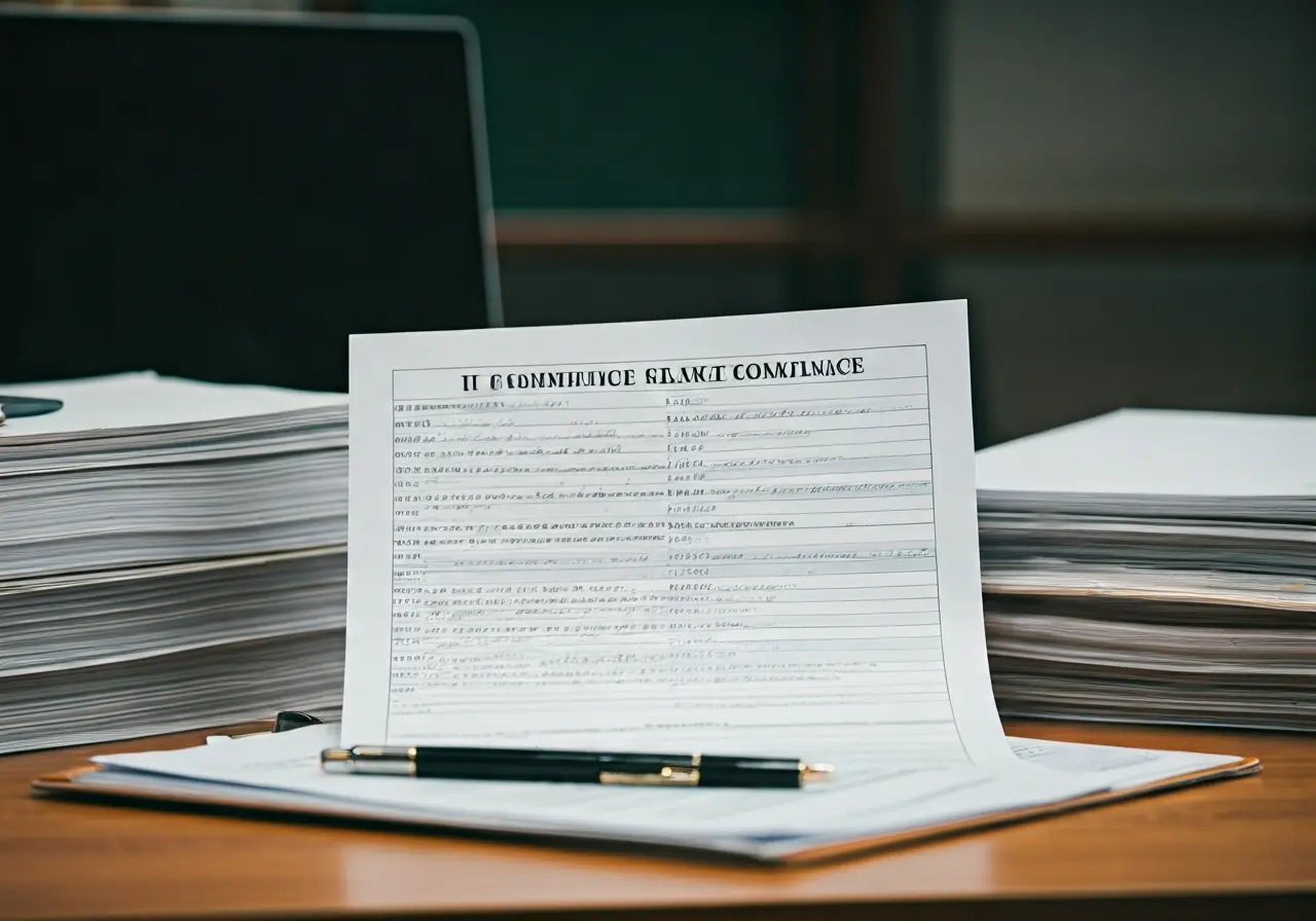 A cluttered desk with various IT compliance-related documents. 35mm stock photo