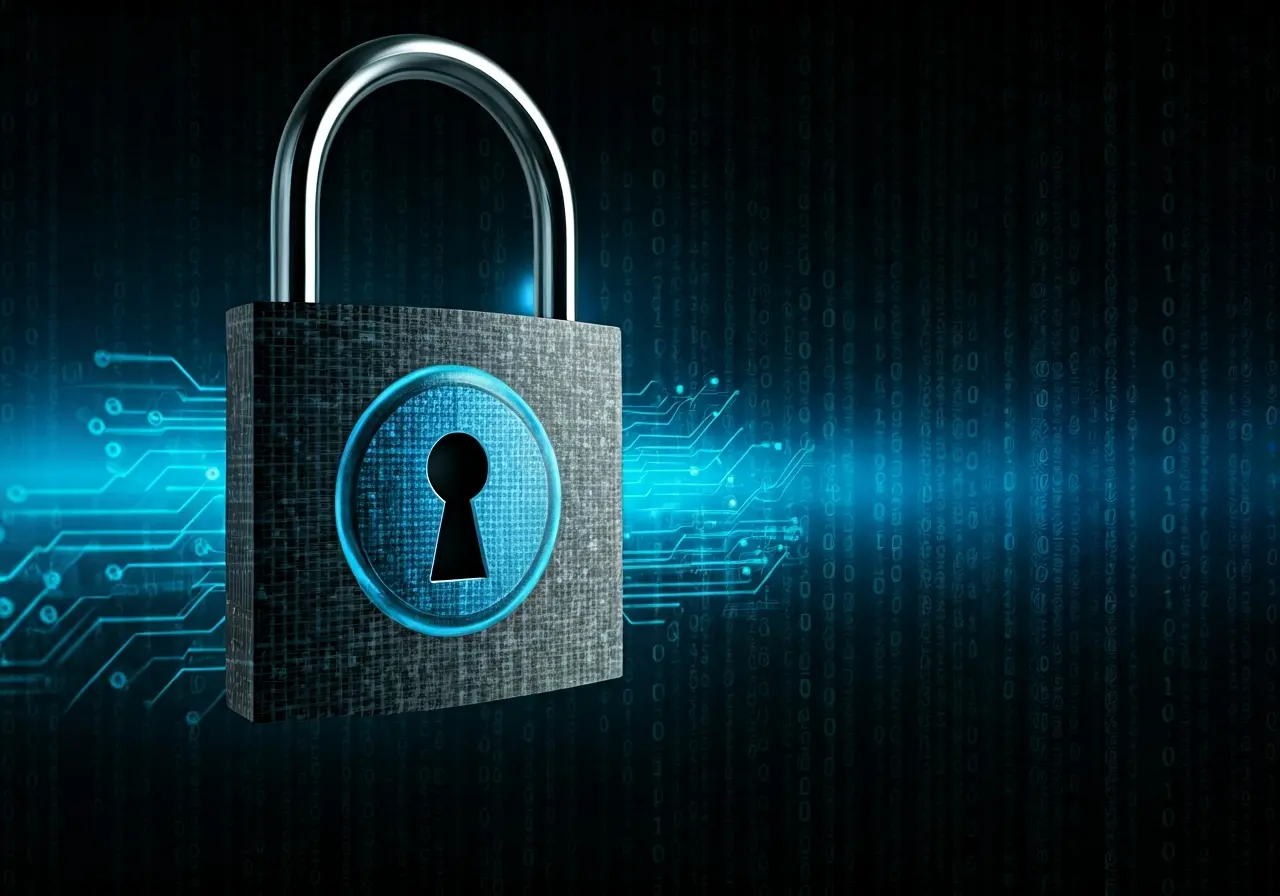 A locked digital padlock over a glowing binary code background. 35mm stock photo