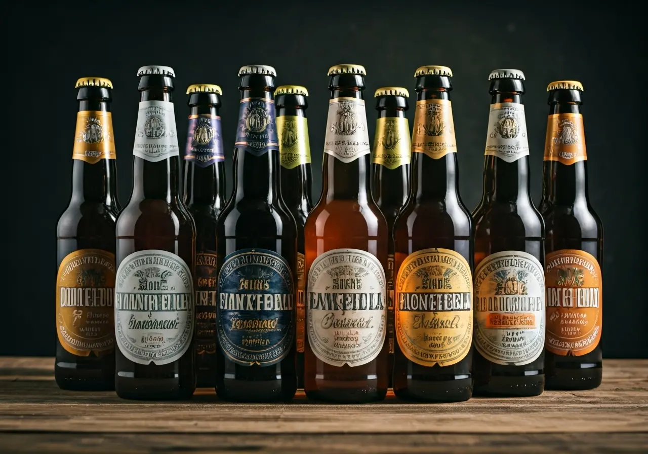 A variety of colorful non-alcoholic artisanal beer bottles displayed. 35mm stock photo