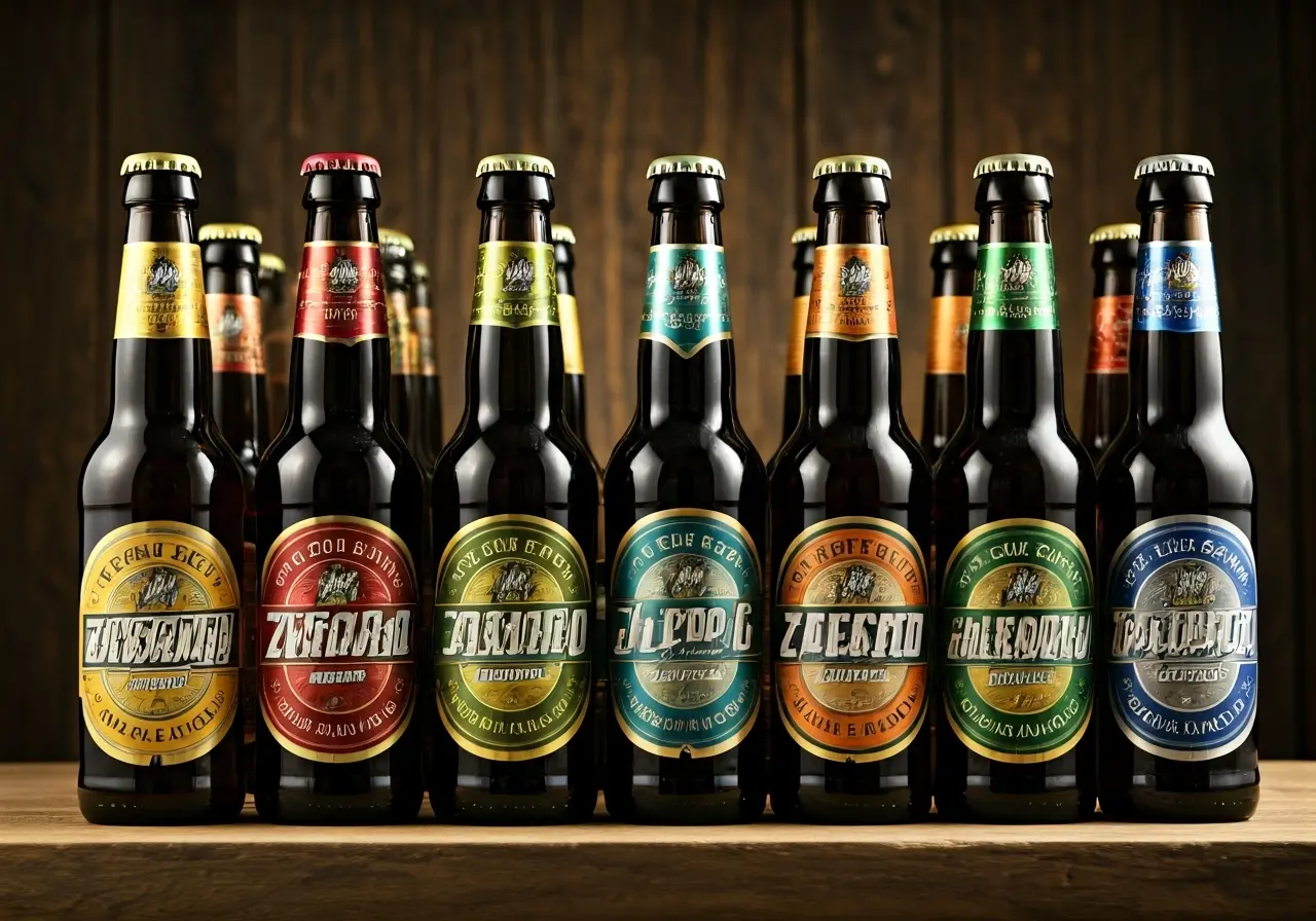 A variety of colorful zero alcohol beer bottles on display. 35mm stock photo