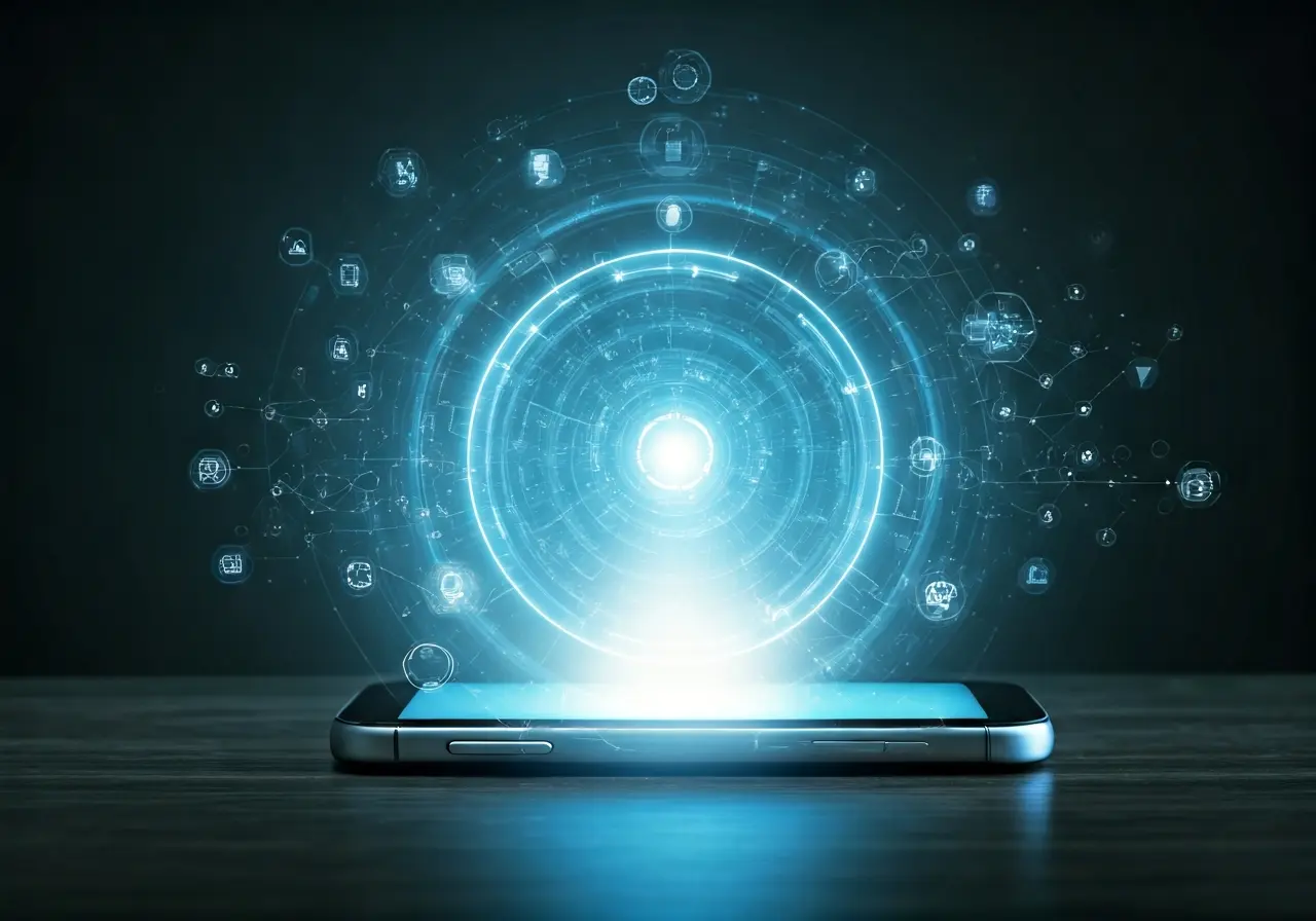 A glowing smartphone surrounded by digital innovation symbols. 35mm stock photo
