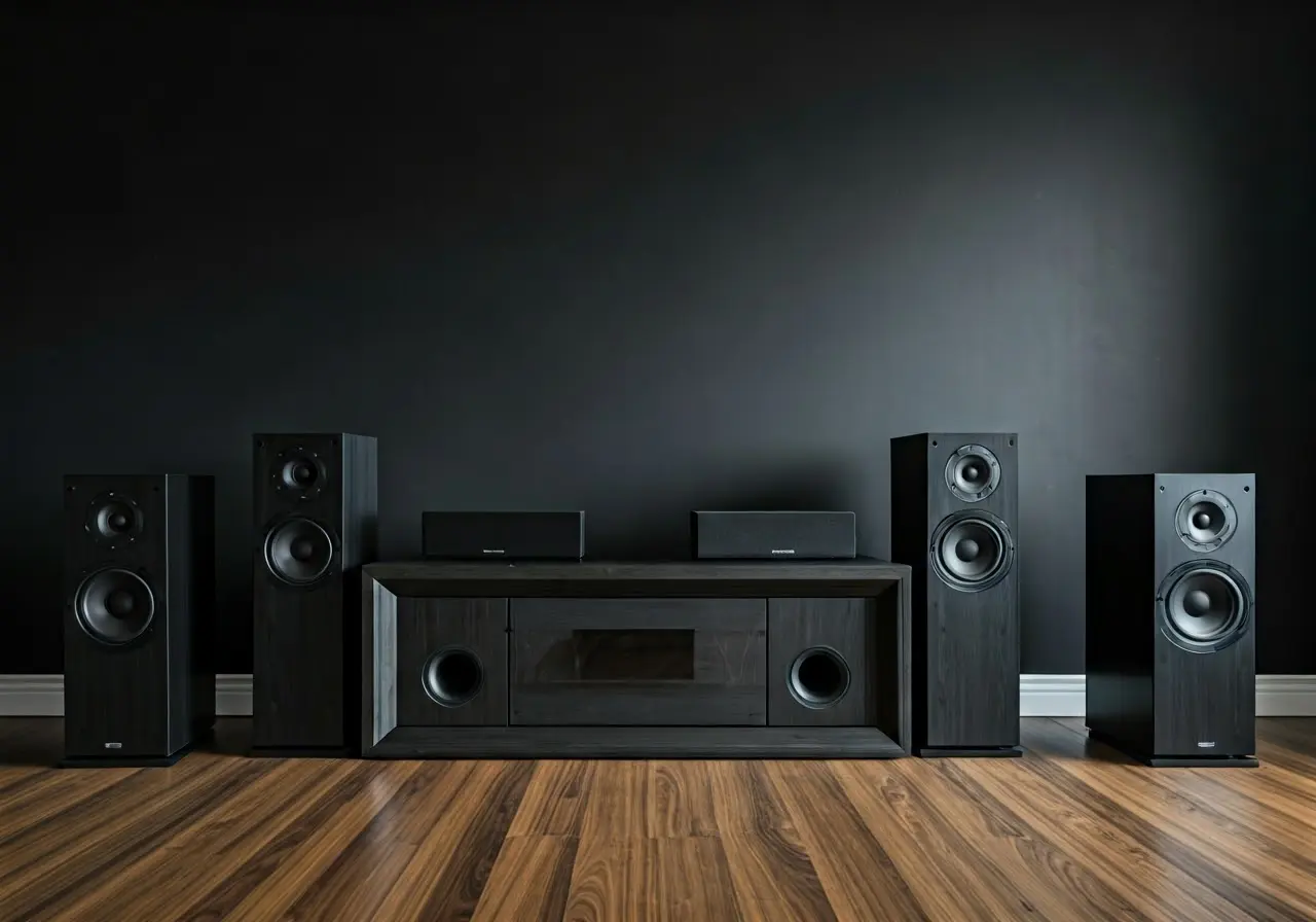 A modern home theater setup with wireless surround sound speakers. 35mm stock photo