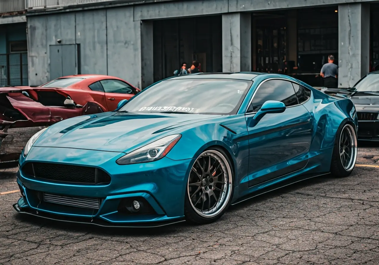 A customized car with unique paint and aftermarket wheels. 35mm stock photo