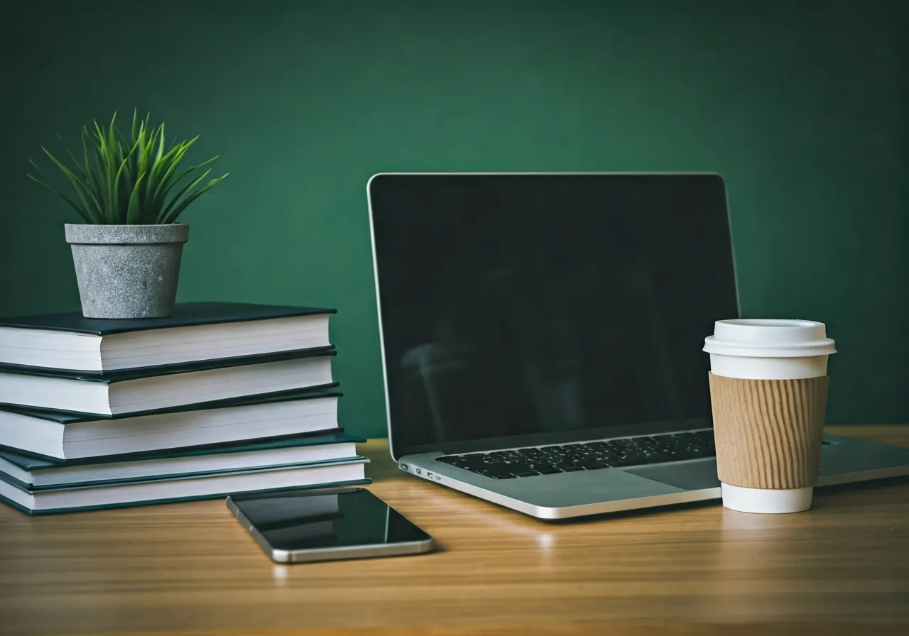 A busy workspace with a laptop, books, and coffee cup. 35mm stock photo