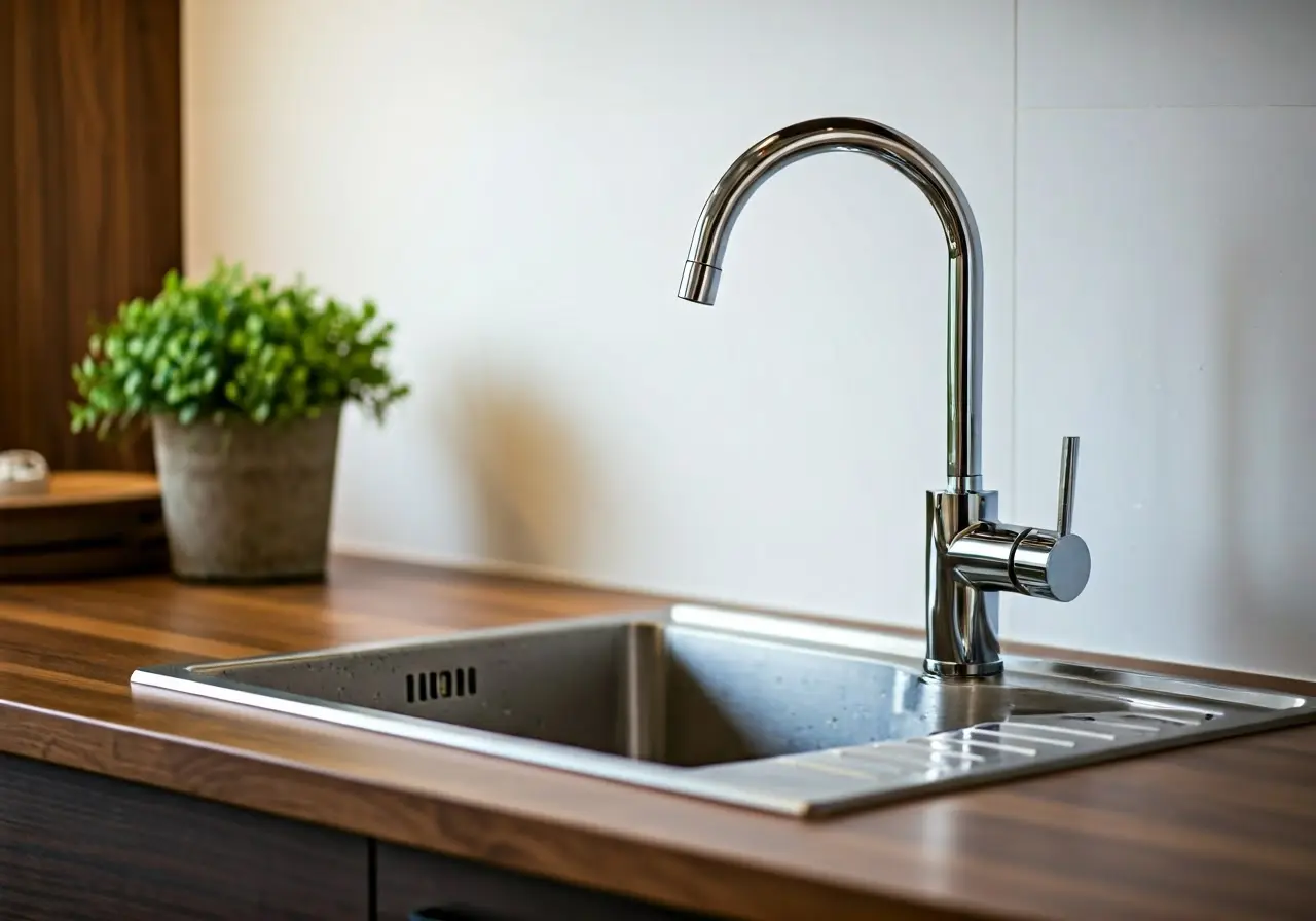 A modern kitchen sink with a water-saving faucet attached. 35mm stock photo