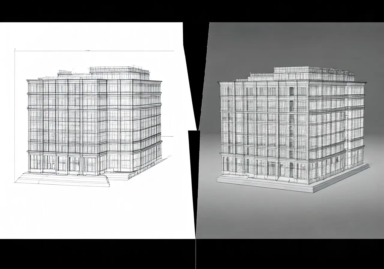 A split screen comparing 2D blueprints with 3D building models. 35mm stock photo