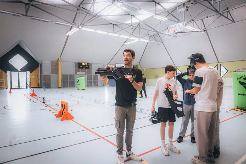 Group participating in indoor laser tag in a modern gymnasium setting.
