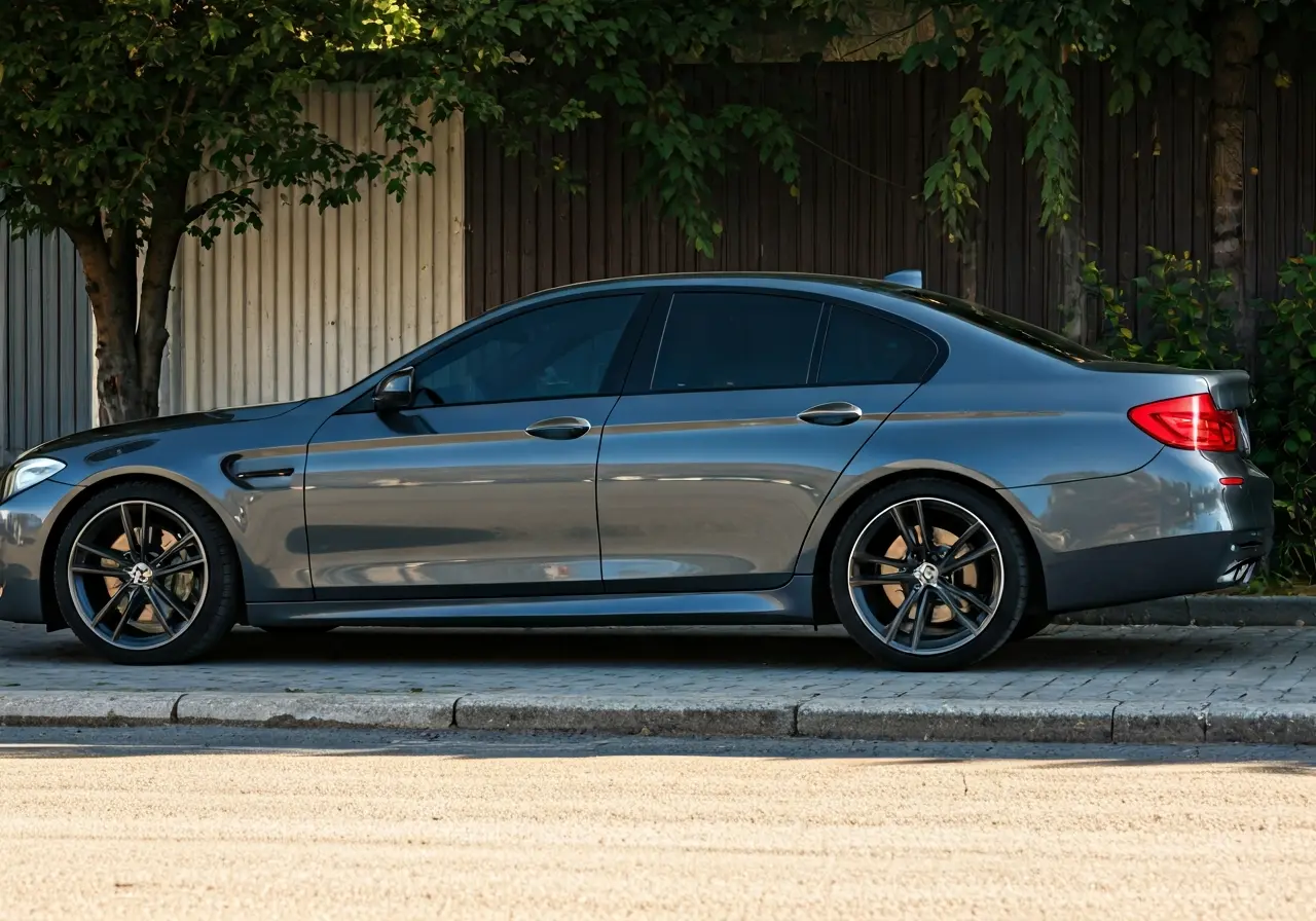 A sleek car with dark-tinted windows parked in sunlight. 35mm stock photo