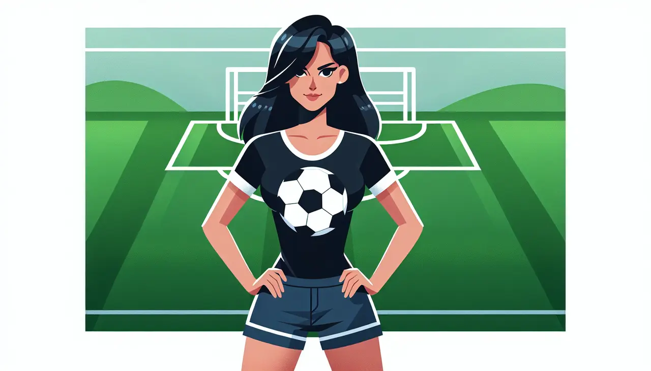 Draw a graphic in flat design style. A minimalist flat design illustration of a stylish soccer mom wearing a trendy t-shirt with a soccer ball graphic, standing confidently with a soccer field in the background.