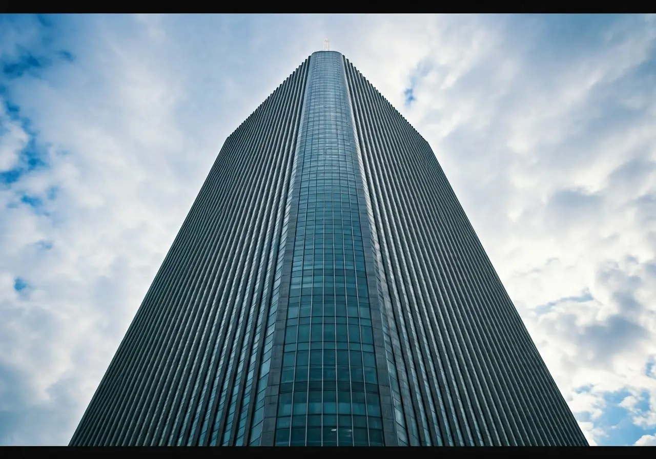 A towering skyscraper with a cloudy blue sky backdrop. 35mm stock photo